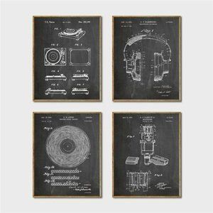 Music Studio LP Record Turntable Microphone Headphones Patent Art Print Set of 4